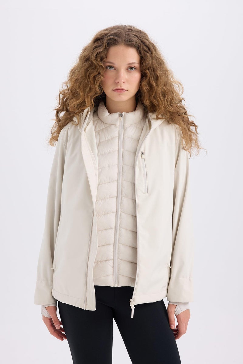 DeFacto Beige Woman DeFactoFit Waterproof Regular Fit Hooded Zip-Up Softshell Jacket Casual - Image 5